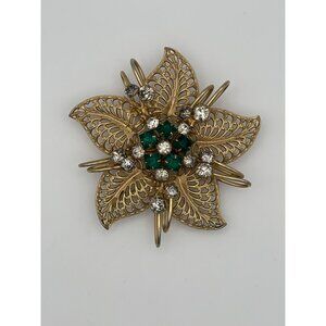 Vintage Gold Tone Brooch Pendant Star Flower Green and Clear Rhinestones 2"